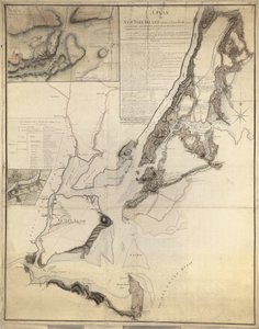 En plan over New York Island og en del av Long Island med det omkringliggende landskapet – så langt som Dobbs#39;s Ferry i nord og White Plains i øst, inkludert elver, øyer, veier osv. av Charles Blaskowitz