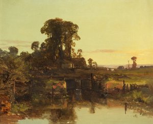 En gammel lås på Themsen, kveld (olje på lerret)