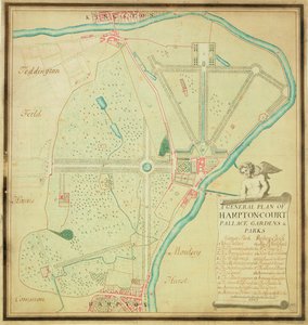 En generell plan for Hampton Court Palace Gardens and Parks, ca. 1713 (penn og blekk og wc på papir) av Charles Bridgeman