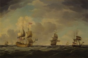 Et engelsk flaggskip under lett seiling i moderat bris av Charles Brooking