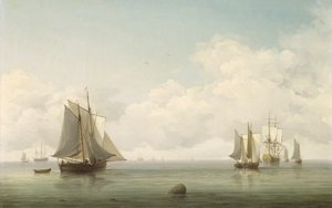 Fiskebåter i et rolig hav, ca. 1745-59 (olje på lerret)
