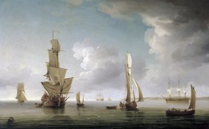 Navigasjon i Themsen-elvemunningen (England), stort utvalg av båter og beskrivelse av den engelske kysten. Olje på lerret