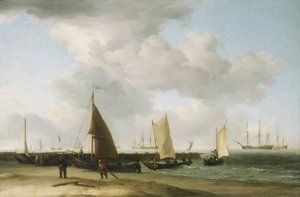 Scene på stranden, med en krigsbygning i horisonten. Olje på lerret