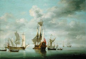 Krigsskip Becalmed (olje på panel)