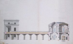 Tverrsnitt av Agate-paviljongen og den hengende hagen ved Tsarskoye Selo, ca. 1780 (penn og blekk med wc på papir) av Charles Cameron
