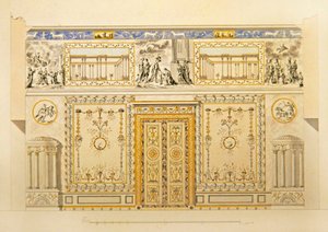 Forhøyning av en dørvegg, Lyons tegnestue, Catherine Palace i Tsarskoye Selo, tidlig på 1780-tallet (penn, pensel, indisk blekk og akvarell på papir)