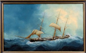 En tremattet seilbåt i flukt Maleri av Charles Cheri Dubreuil (Cheri-Dubreuil) (1828-1880) 1865 - Fecamp. Musee Des Terre Neuvas - Et tre-mastet skip på flukt. Maleri av Charles Dubreuil (1800-tallet) av Charles Cheri Dubreuil