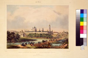 Utsikt over Sarov-klosteret. Klosteret til Serafim (Seraphim) av Sarov (1759-1833), en ortodoks helgen. Verk av Charles Claude Bachelier (første halvdel av 1800-tallet), gravering farget i akvarell, tidlig på 1800-tallet. Kunst av Charles Claude Bachelier