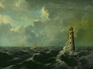 Havlandskap med fyrtårn (olje om bord) av Charles Codman