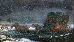 En diligens som kjører en bekk i en snøstorm (olje på lerret)