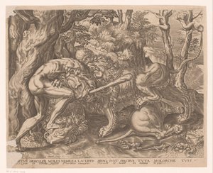 Hercules holder Nemean-løven i et kvelertak Labours of Hercules etter Frans Floris (serietittel)