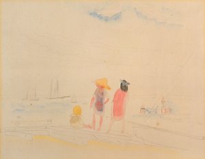 To kvinner og barn på stranden (wc og blyant på papir) av Charles Demuth