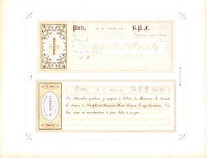 Eksempelskjemaer for gjeldsbrev i gule og rosa toner (trykt) av Charles Derriey