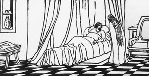 Melisande på besøk hos Golaud, som ligger i sengen etter å ha falt fra hesten, tresnitt av Charles Doudelet (1861-1938) for Pelleas og Melisande av Maurice Maeterlinck (1862-1949), utgitt av Claudio Argentieri, Spoleto, Italia