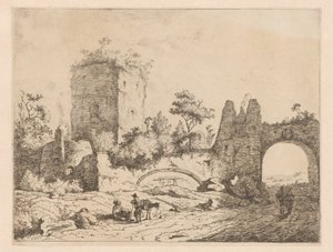Landskap med ruiner av et tårn og en port Trykk med ruiner i landskap (serietittel) Cahier de ruines et de paysages (serietittel) av Charles Echard (attributed to)