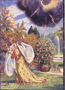 En tykk sky dukket opp hvorfra lyngafler stakk ut, scene fra Sucna Murga i Children's Stories from Rumanian Legends av Moses Gaster (1856-1939) 1921 av Charles Edmund Brock