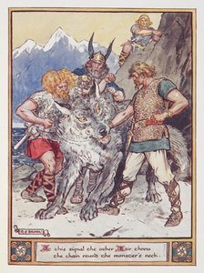 «På dette signalet kastet den andre esiren lenken rundt halsen på monsteret. Tyr lover hånden sin for å lenke ulven Fenrir
