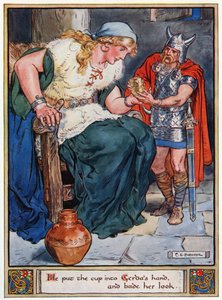 'Han la koppen i hånden til Gerda og ba henne se ut', illustrasjon fra 'The Heroes of Asgard, tales from Scandinavian Mythology', av A und E Keary, 1930 av Charles Edmund Brock