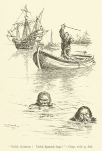 Illustrasjon for Westward Ho! av Charles Kingsley (gravering) av Charles Edmund Brock