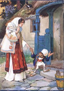 Lillebror Bit tok med sin vakre brud til huset han hadde bygget for henne, scene fra Lillebror Bit i Childrens Stories from Rumenian Legends av Moses Gaster (1856-1939) 1921 (farge lith av Charles Edmund Brock