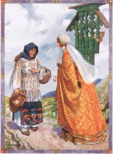 Prinsessen ... ba henne bytte bøndenes klær mot hennes kongelige plagg, scene fra Good Luck and Bad Luck i Children's Stories from Rumenian Legends av Moses Gaster (1856-1939) 1921 (farge) av Charles Edmund Brock