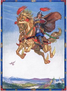 Hesten fløy gjennom luften, scene fra The Knight of the Flowers in Children's Stories from Rumenian Legends av Moses Gaster (1856-1939) 1921