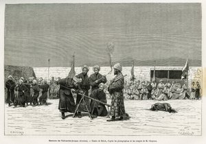 Øvelser for å manipulere Taifourchi bolverksrifler, tropper bevæpnet og trent av det kinesiske militæret, tegning av Delort, for å illustrere minnene fra en engelsk ambassade i Kachgar (eller Kashi, Kina) i 1873-74, av Mr. Chapman og Gordon. Gravering i Le av Charles Edouard Delort