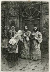 Pritres gir et kyss til de hellige bildene, gravert av Ch. Delort, for å illustrere Henri Belles reise til Hellas i 1861, 1868 og 1874, publisert i tour du monde, under ledelse av Edouard Charton av Charles Edouard Delort