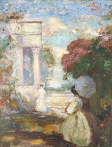 Lyrisk landskap med to figurer i kjole fra det nittende århundre, 1890-1900