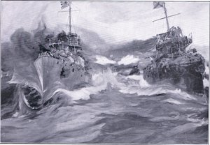 En kamp mellom destroyere, illustrasjon fra Cassells History of the Russo-Japanese War Vol 1, ca. 1900