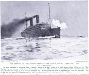 Åpningsaksjonen mellom de væpnede linjeskipene Carmania og Cap Trafalgar, Sør-Atlanteren, september 1915 av Charles Edward Dixon