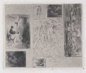 Komposittplate: Kvinne og barn a, Gammel Musiker b, Stekehandler c, Landskap ..., 1843. av Charles Emile Jacque
