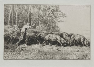 flokk med griser som forlater en skog av Charles Emile Jacque