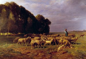 Saueflokk i et landskap eller "" Hyrde som driver en flokk med sauer på sletten"" Maleri av Charles Jacque (1813-1894) 1800-tallet Søn. 1,76x2,8 m