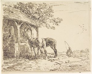 Horses at a Stall, 1800-tallet (klisjé verre eller heliograf) av Charles Emile Jacque