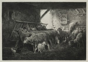 Interiør i saueinnhegning. av Charles Emile Jacque