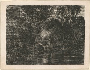 Elvebredden om natten av Charles Emile Jacque