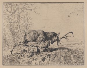 Stag Fighting a Wolf, etter Antoine Louis Barye, 1846. av Charles Emile Jacque