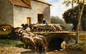 The Flock Leaving (olje på panel) av Charles Emile Jacque
