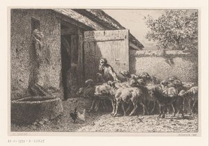 Kvinne fører sauer til stallen Bergerie av Charles Emile Jacque