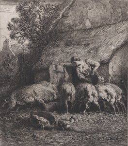 Kvinne som mater griser, 1850. av Charles Emile Jacque
