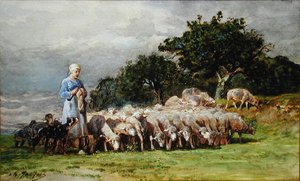 En gjeterinne med en saueflokk (akvarell på papir) av Charles Emile Jacques