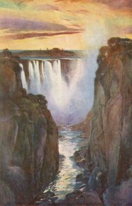 Victoriafallene, hovedfossen sett gjennom juvet (fargelitografi)