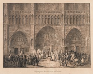 Flagg tatt på Austerlitz Mottatt på Notre Dame, tidlig på 1800-tallet (litho) av Charles Etienne Pierre Motte