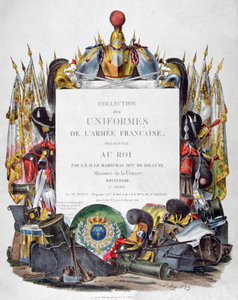 Frontispice av samlingen av uniformer fra den franske hæren presentert for kongen, 1823. av Charles Etienne Pierre Motte