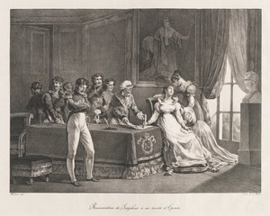Josephine gir avkall på rettighetene sine, tidlig 1800-tallet (litho) av Charles Etienne Pierre Motte