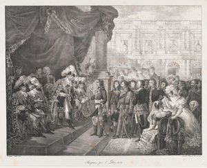 Mottak av Directoire, tidlig 19 århundre (litho) av Charles Etienne Pierre Motte