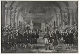 Reception of Napoleon Bonaparte at the Institute, class of physics and mathematics, section of mechanical arts on December 25 av Charles Etienne Pierre Motte