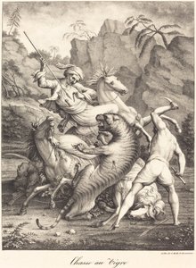 Tigerjakt av Charles Etienne Pierre Motte after Auguste Jacques Regnier