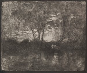 Cows at a Watering Place, originalt inntrykk 1862, trykt i 1921. av Charles Francois Daubigny